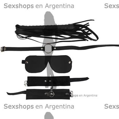 Kit ecocuero negro con antifaz, mordaza, esposas y latigo